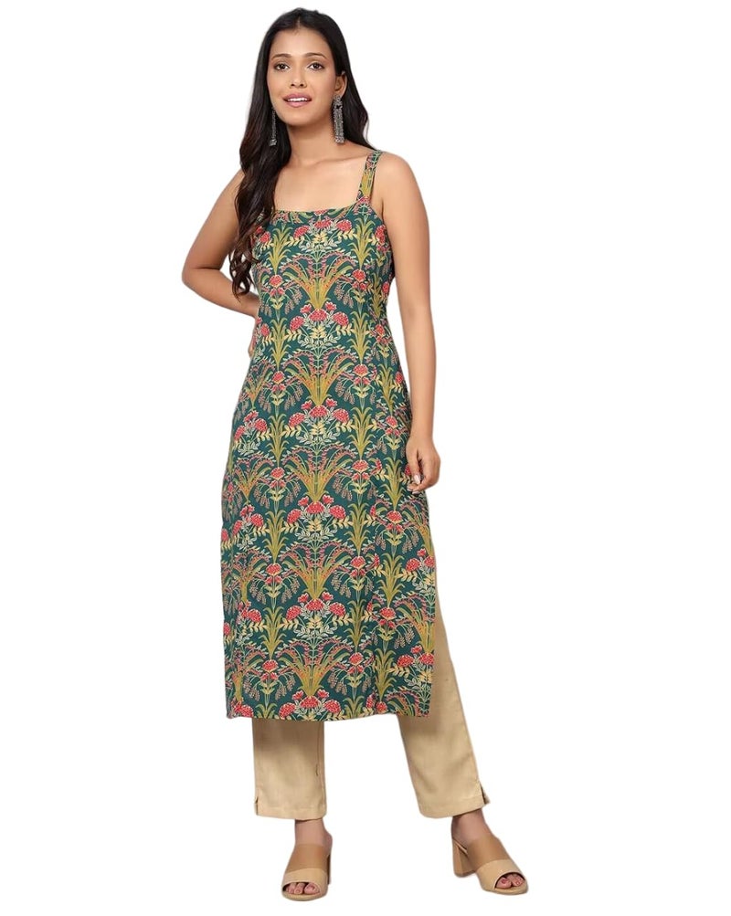 PATLANI Women's Cotton BLENED Sleeveless Printed Full Stitched Kurti.(k-199) Green - Image 1