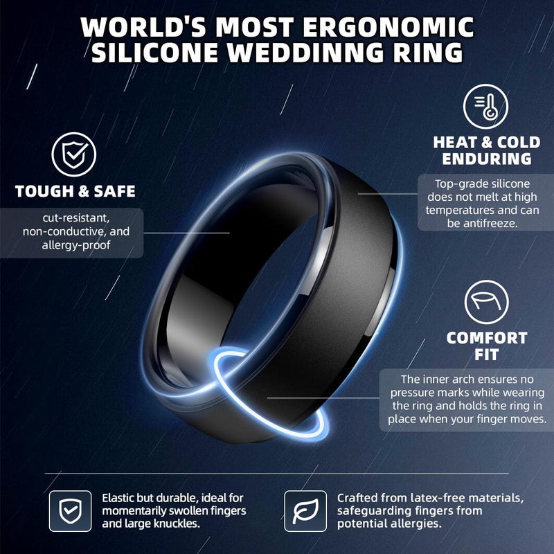 Egnaro Men's Silicone Wedding Rings: Classic Black Style Rubber ring - Hypoallergenic for Gym/Outdoor/Gift(1/4/7 Variety Pack with Half Size) - Image 2