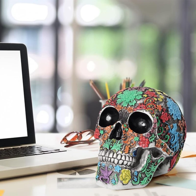 Tuzsocr Gulf standard sizing alternatives Carved Skull Design Day of the Dead,Skull with Petal Statue,Sugar Skull Skull,Painted Skull,Resin Skull Halloween Ornaments,for Home,Dining Table,Living Room Multi warehouse process - Image 5