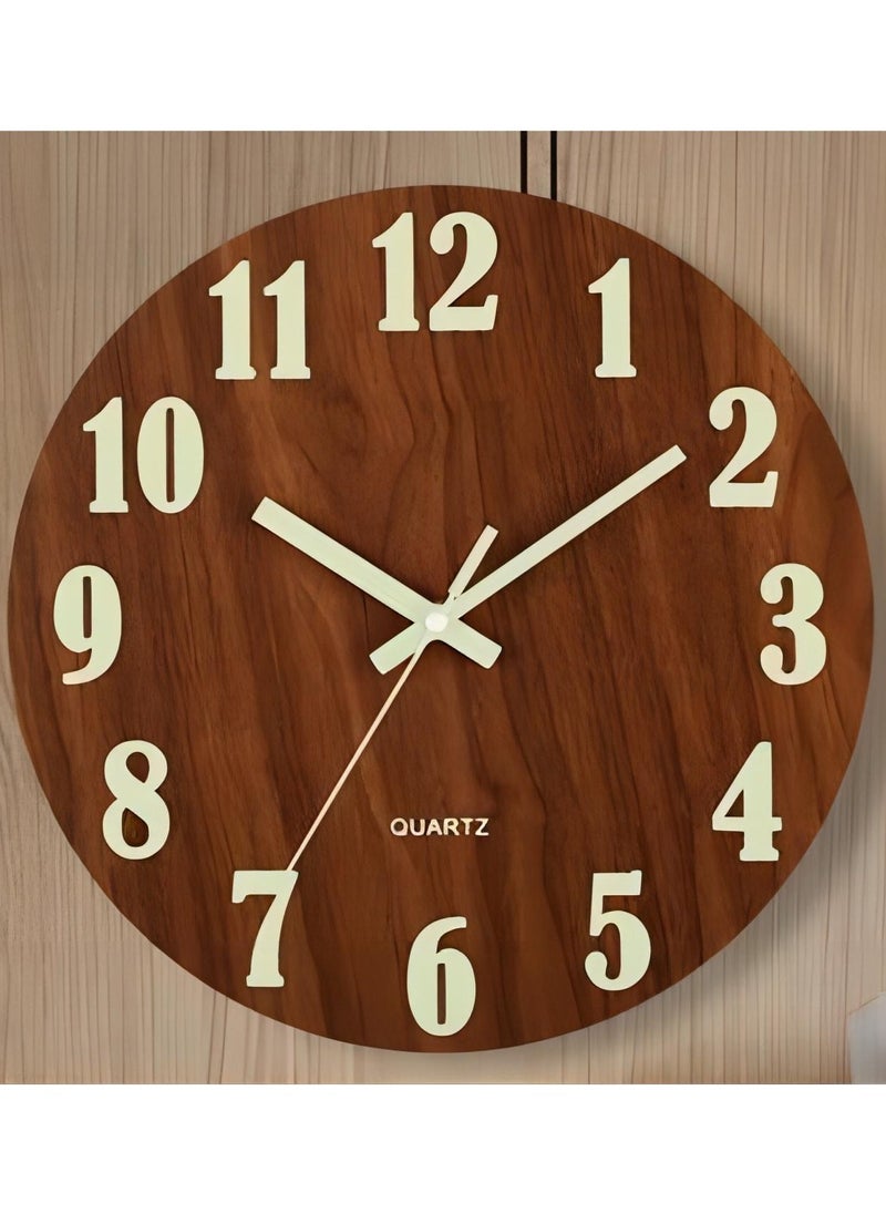 QUARTZ ساعة حائط مضيئة، 12 بوصة تصميم خشبي صامت وأضواء ليلية ساعة حائط مستديرة، ساعات حائط دائرية صامتة غير موقوتة تعمل بالبطارية، سهلة القراءة، لغرفة المعيشة والمكتب المنزلي  - Image 1