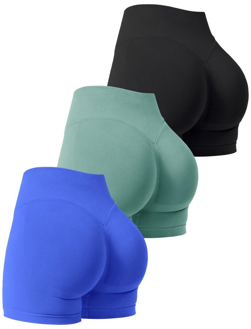 Niipty 3 Pack Workout Gym Shorts Women Scrunch Butt Lifting Seamless High Waist Yoga Booty Shorts for Women - Black+Blue+Green S - Image 1