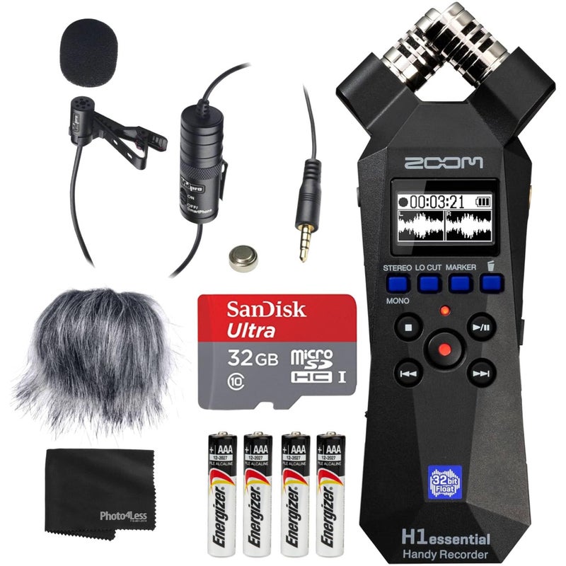 Zoom H1essential Handy Recorder Bundle with Professional Lavalier Condenser Microphone, 32GB microSDHC Card, Furry Microphone Windscreen, 4 AAA Alkaline Batteries, and More! - Image 1