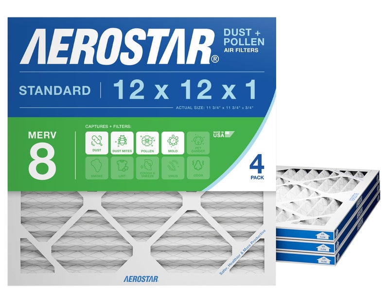 Aerostar 12x12x1 MERV 8 Air Filter, 4 Count, ACTUAL SIZE (11.75 x 11.75 x 0.75), HVAC, Air Conditioning & Furnace Filter Captures Dust, Lint & Pollen (MPR 600 / FPR 5), Made in USA - Image 1