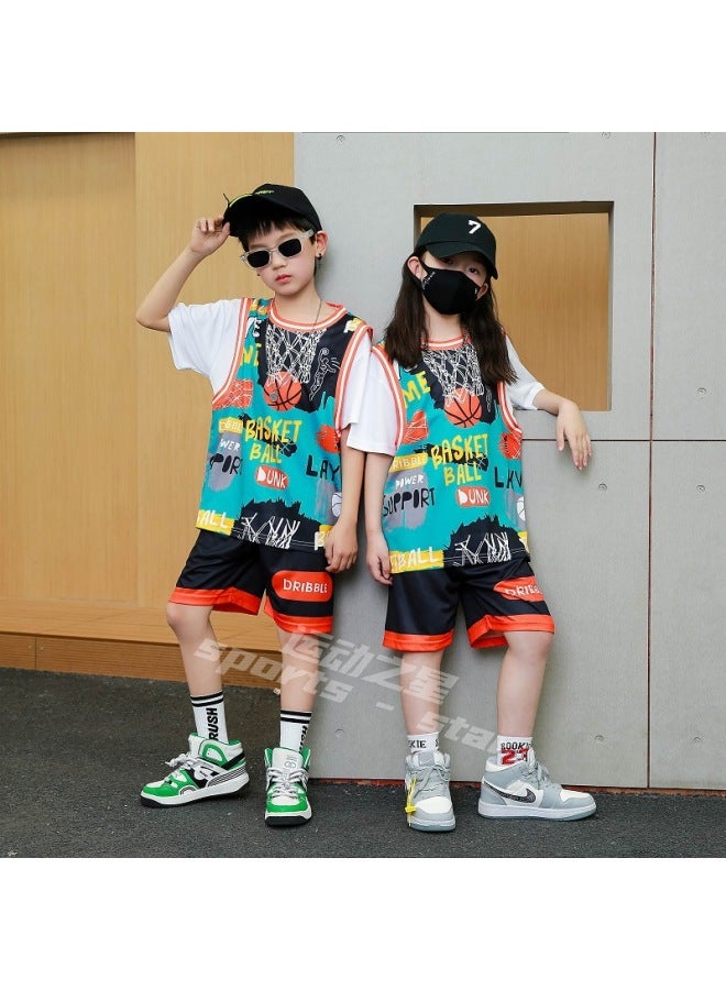 Basketball Clothing Suit Summer Quick-drying Short-sleeved Sportswear Fake Two Handsome Medium And Large Children's Clothing Jersey Custom