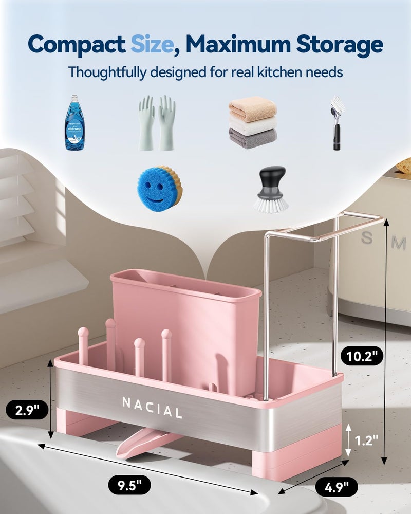 Nacial Sponge Holder for Kitchen Sink, Sink Caddy Organizer with High Brush Holder & Two Towel Racks - Rustproof 304 Stainless Steel Kitchen Countertop Storage Essentials - Pink - Image 2