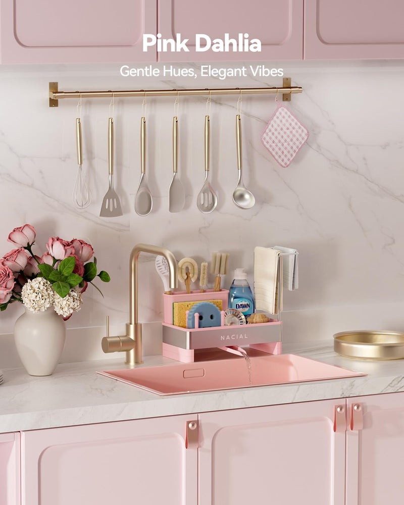 Nacial Sponge Holder for Kitchen Sink, Sink Caddy Organizer with High Brush Holder & Two Towel Racks - Rustproof 304 Stainless Steel Kitchen Countertop Storage Essentials - Pink - Image 4