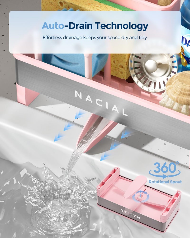 Nacial Sponge Holder for Kitchen Sink, Sink Caddy Organizer with High Brush Holder & Two Towel Racks - Rustproof 304 Stainless Steel Kitchen Countertop Storage Essentials - Pink - Image 3