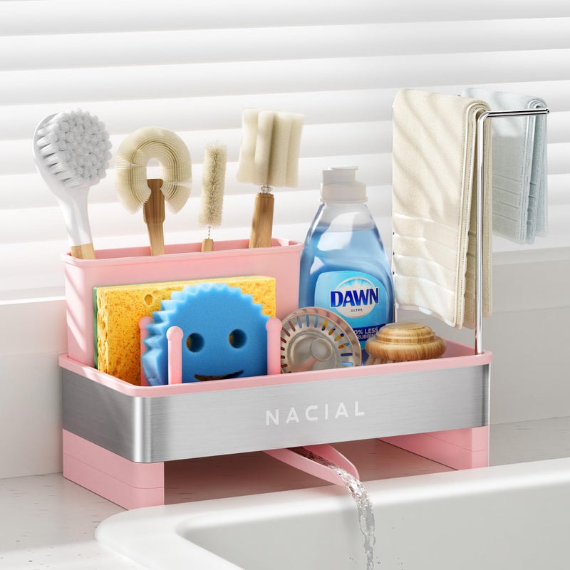 Nacial Sponge Holder for Kitchen Sink, Sink Caddy Organizer with High Brush Holder & Two Towel Racks - Rustproof 304 Stainless Steel Kitchen Countertop Storage Essentials - Pink - Image 1