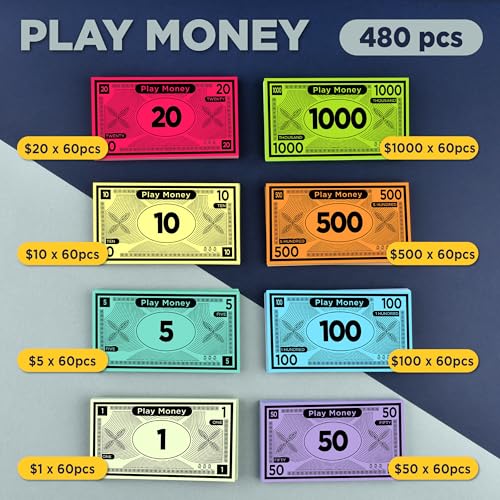 Queensell Play Money Suitable for Monopoly Board Game 480 pcs of 60 Each Bill Denomination Double Sides Printing Paper Money for Pretend Play Cashier Monopoly Money Refill Packs 480 pcs - Image 5