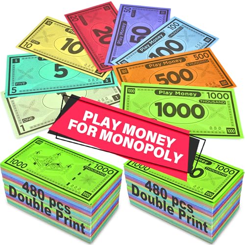Queensell Play Money Suitable for Monopoly Board Game 480 pcs of 60 Each Bill Denomination Double Sides Printing Paper Money for Pretend Play Cashier Monopoly Money Refill Packs 480 pcs - Image 1