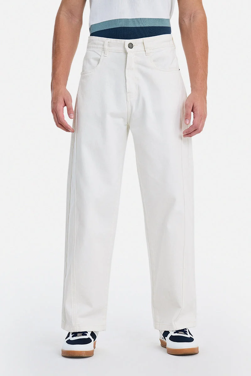 SNITCH Off-White Off-White Solid Loose Fit Streetwear Jeans for Men | Best Price UAE