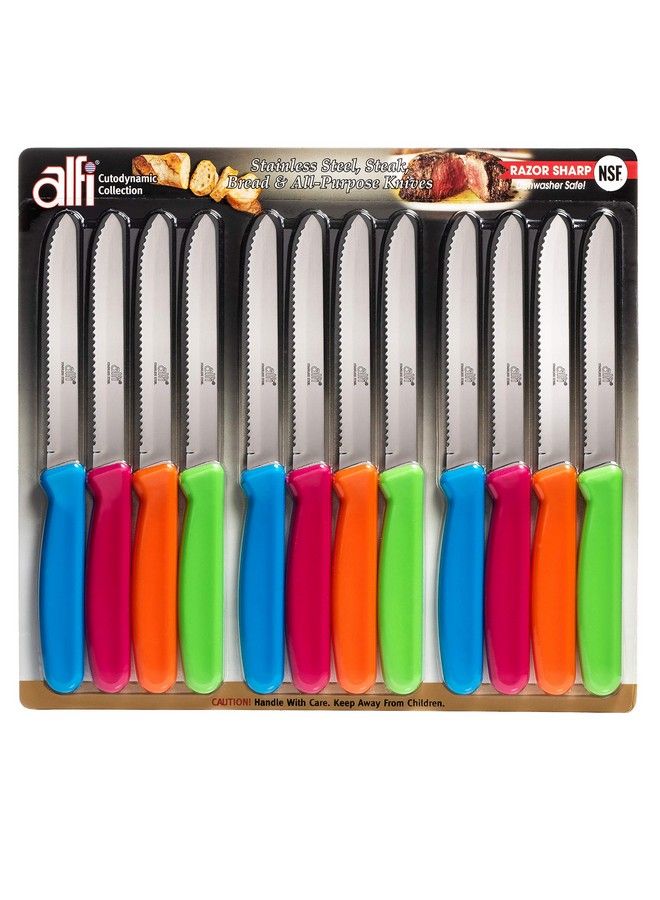 Alfi سكاكين متعددة الأغراض من Aerospace Precision ذات رأس مدور، أدوات منزلية ومستلزمات المطبخ، مجموعة سكاكين شرائح لحم مسننة | صنع في الولايات المتحدة الأمريكية (عبوة من 12 قطعة متعددة الألوان) - Image 2