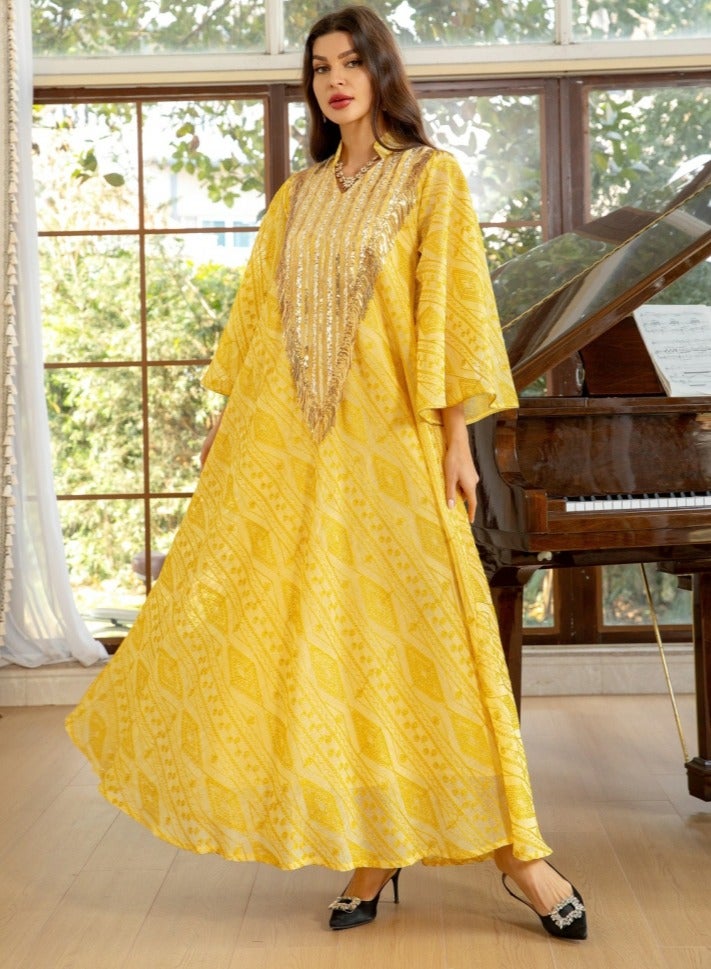 Loquat Ladies Lightweight Fabric Robe Luxury Sequin Embroidered Dress Muslim Abaya Evening Dress Yellow  - Image 2