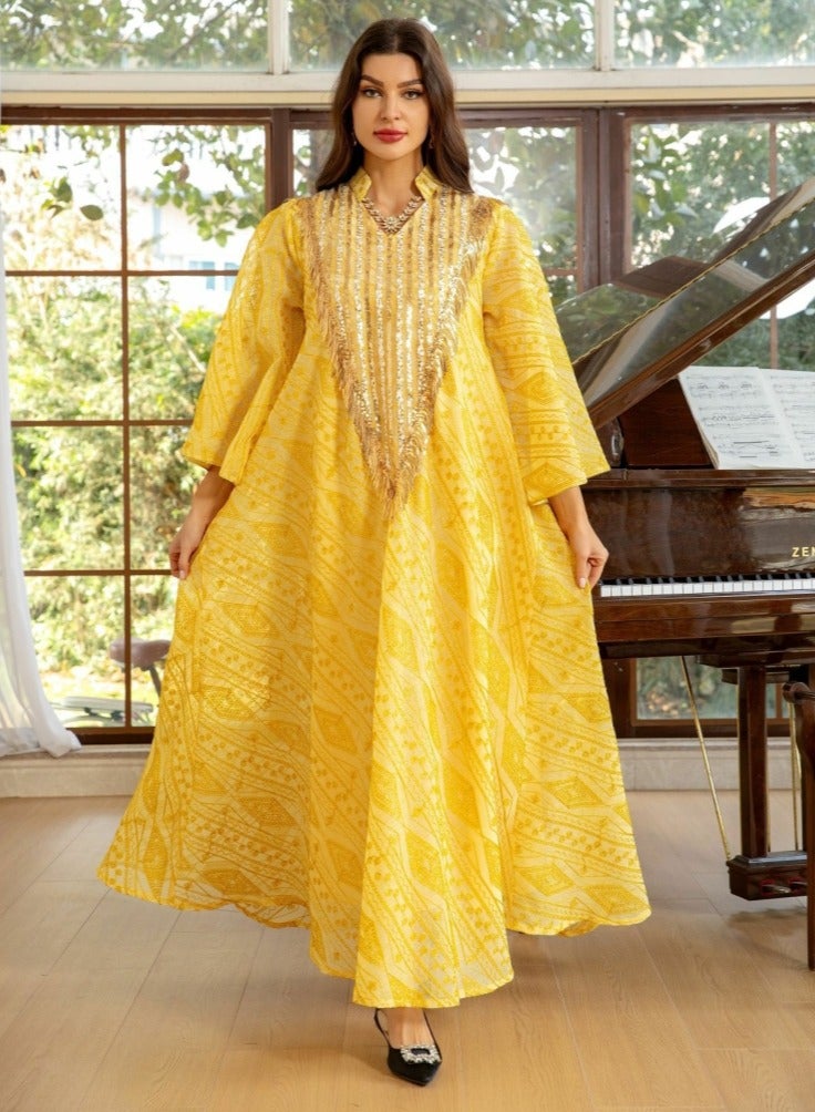 Loquat Ladies Lightweight Fabric Robe Luxury Sequin Embroidered Dress Muslim Abaya Evening Dress Yellow  - Image 1