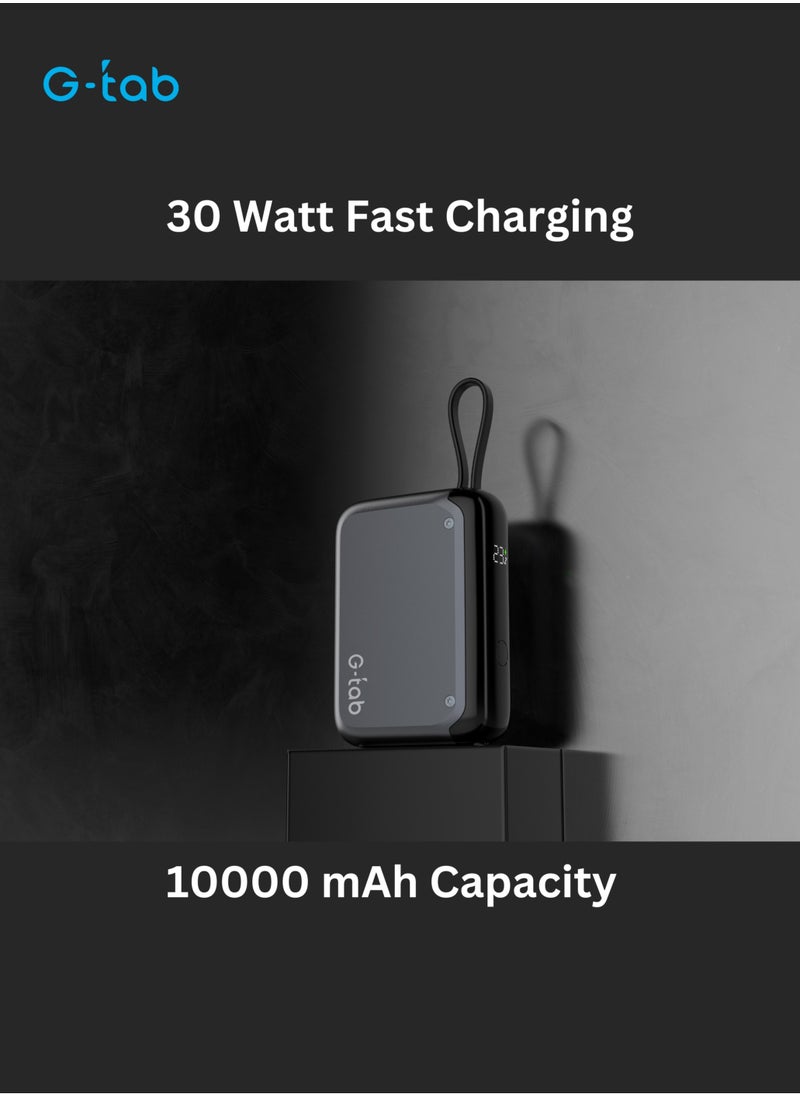 G-Tab VPB10 Power Bank/30W Fast Charging/10000 mAh/Built In Type C cable/Portable Travel Ready/LCD Digital Display