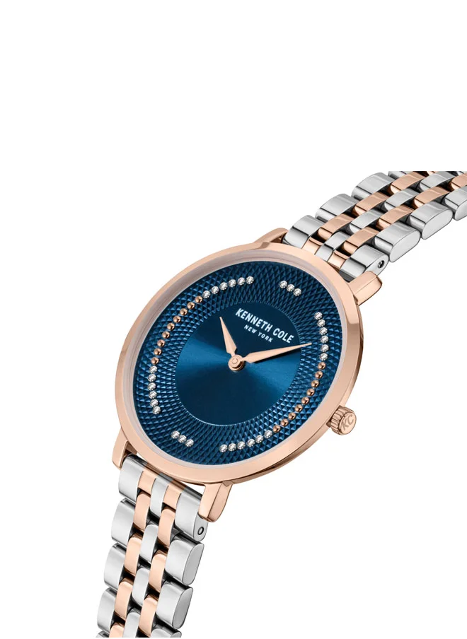 كينيث كول نيو يورك Kenneth Cole New York 34mm Analog Women's Watch with Blue Dial & Silver, Rose Gold Stainless Steel Bracelet