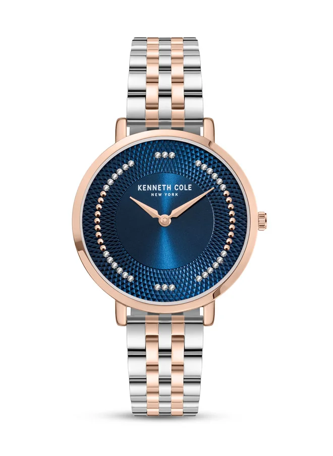 كينيث كول نيو يورك Kenneth Cole New York 34mm Analog Women's Watch with Blue Dial & Silver, Rose Gold Stainless Steel Bracelet