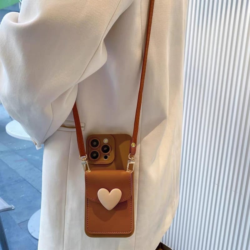 SGVAHY for iPhone 17 Pro Max Case with Strap Card Holder Crossbody Lanyard, Cute Phone Wallet Case for Women Girls, Brown Heart Design Leather Purse Soft Silicone Cover for iPhone 17 Pro Max - Image 3