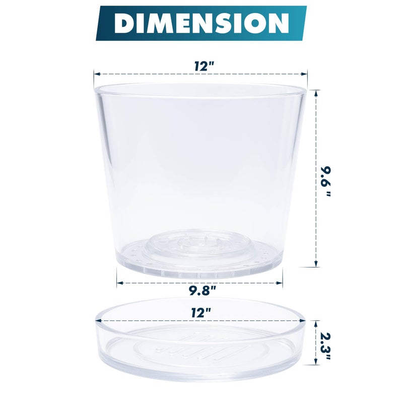 Phoenix Vine 12 Inch Clear Acrylic Planter Pot with Tray, Orchid Pot with Drainage Holes, Deep Saucer for Bottom Watering, Transparent Containers for Indoor Plants, Herbs, Set of 1, 91-A-I-1 - Image 3