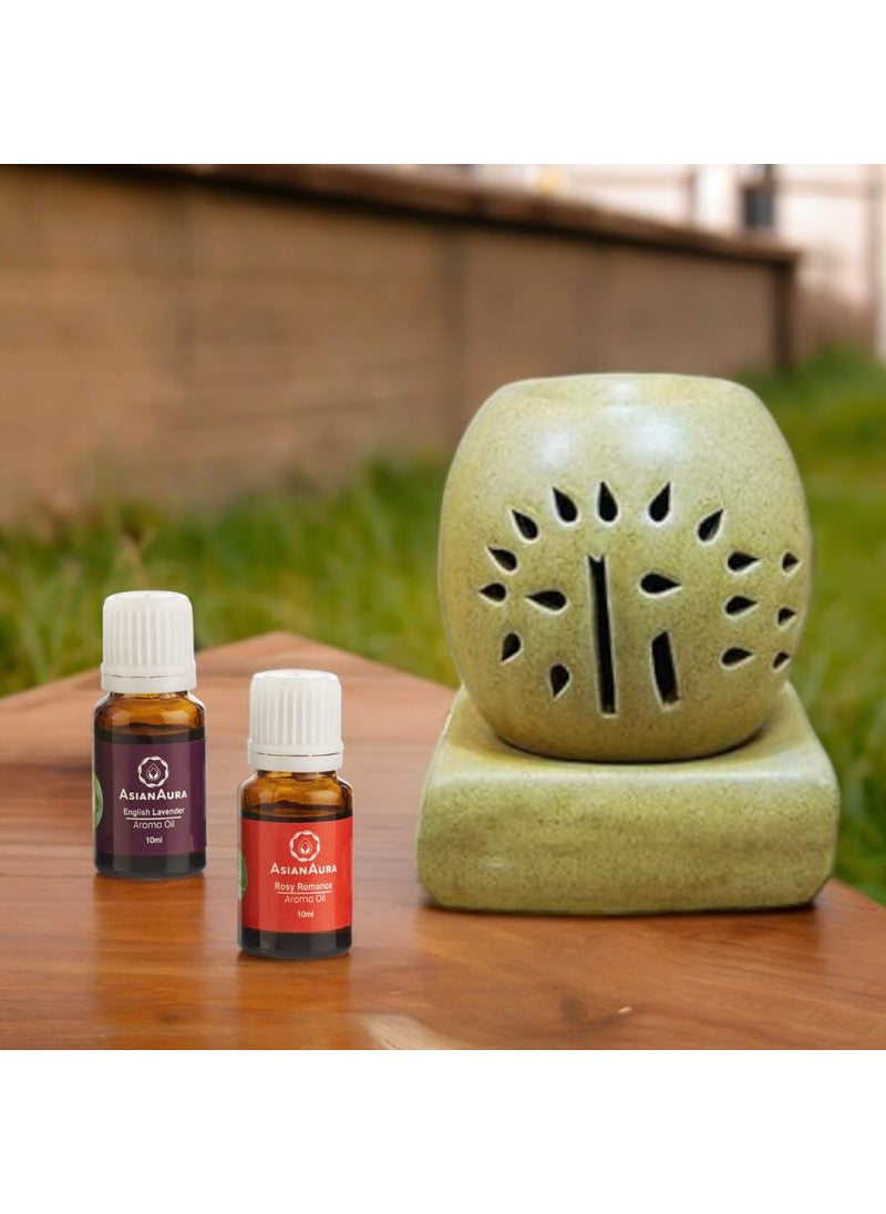 ASIAN AURA Asian Aura Handcrafted Premium Ceramic Electric Round Shaped Aroma Diffuser Oil Burner Wax Melt Warmer for Home Fragrance with Aroma Oils in 2 fragrances English Lavender Rosy Romance 10ml Each  - Image 1