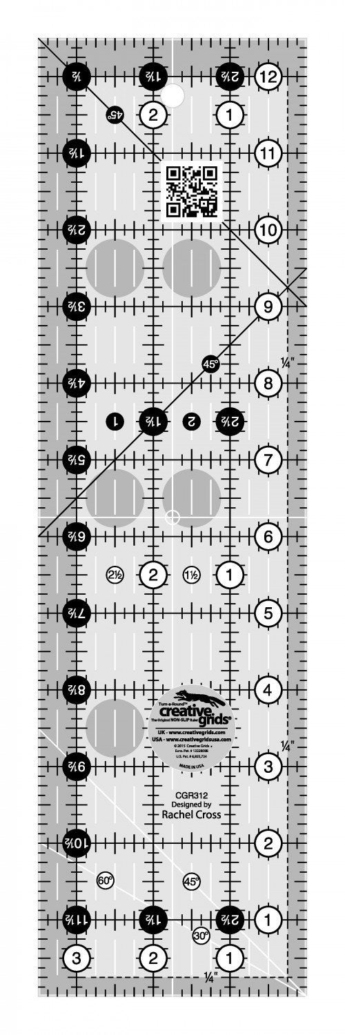 Creative Grids Quilt Ruler 312in x 1212in Rectangle CGR312 Made in USA NonSlip Grip Acrylic Quilting Sewing Crafting Patchwork Ruler for Measuring Cutting Fabric