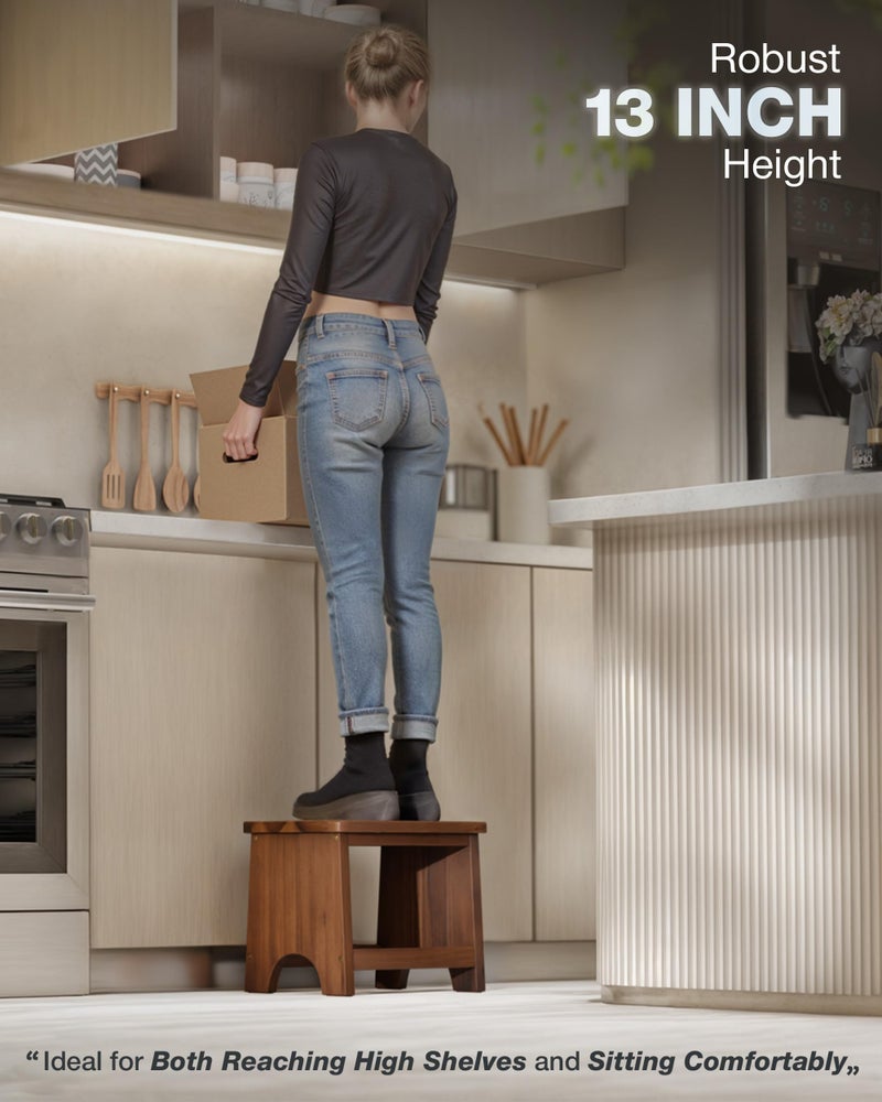 FANATU 13'' Wooden Step Stool, One Step Stool for Adults, Portable Heavy Duty Design with 550lbs Capacity, Nonslip & Durable Construction (Rich Walnut, 13in Height) - Image 4