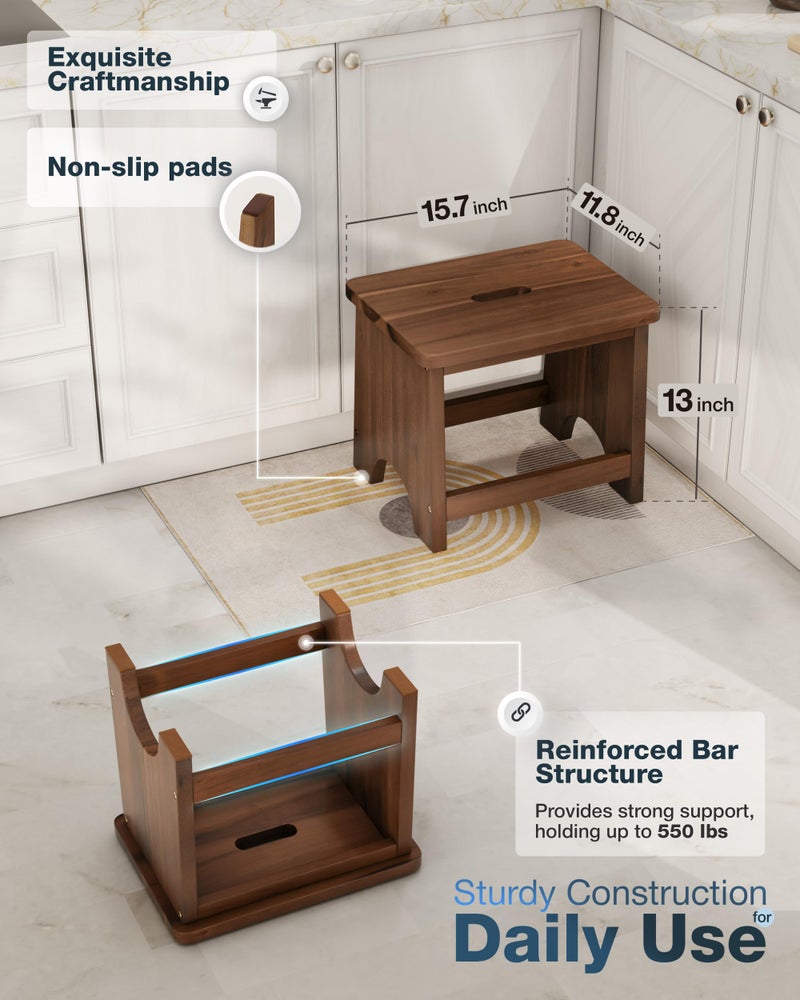 FANATU 13'' Wooden Step Stool, One Step Stool for Adults, Portable Heavy Duty Design with 550lbs Capacity, Nonslip & Durable Construction (Rich Walnut, 13in Height) - Image 3