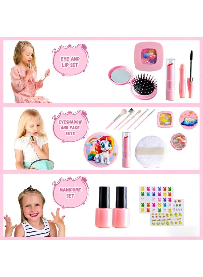 Pink Unicorn Kids Makeup Toy Set – 22PCS Safe Non-Toxic Portable Suitcase for Girls' Pretend Play & Gifts - Image 5