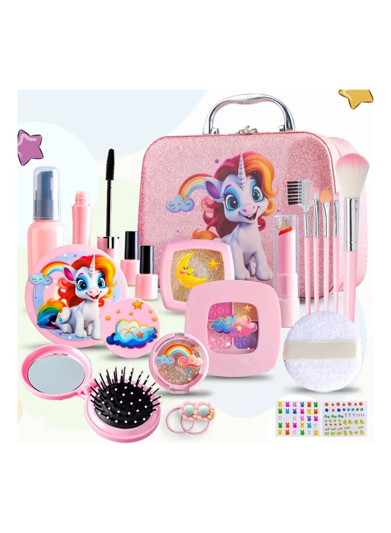 Pink Unicorn Kids Makeup Toy Set – 22PCS Safe Non-Toxic Portable Suitcase for Girls' Pretend Play & Gifts - Image 1