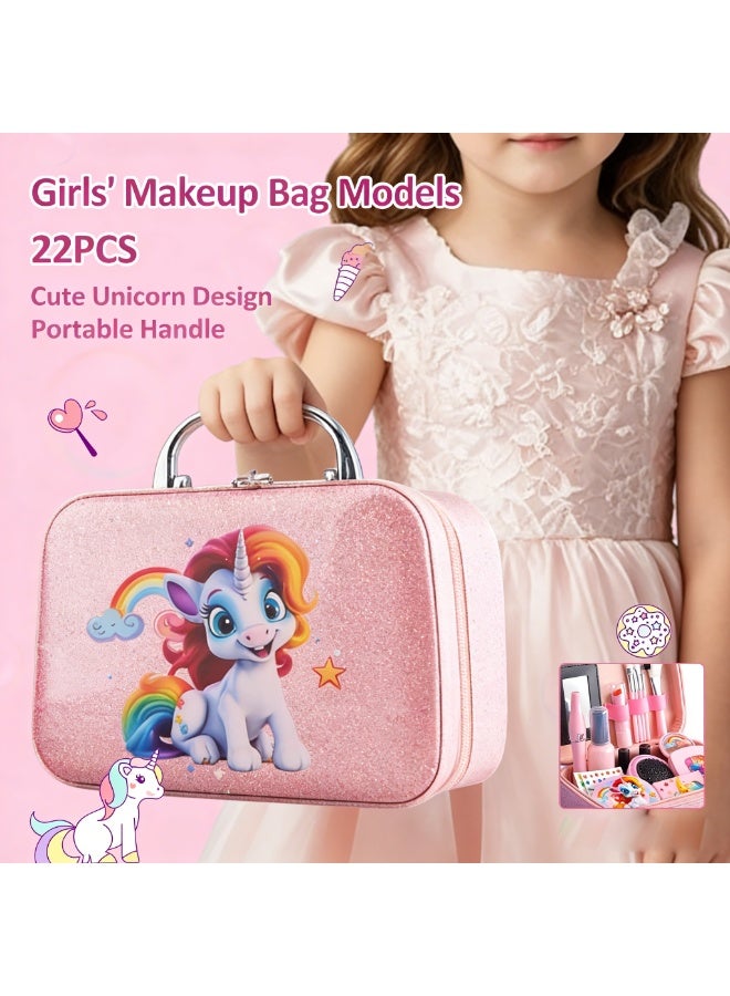 Pink Unicorn Kids Makeup Toy Set – 22PCS Safe Non-Toxic Portable Suitcase for Girls' Pretend Play & Gifts - Image 3