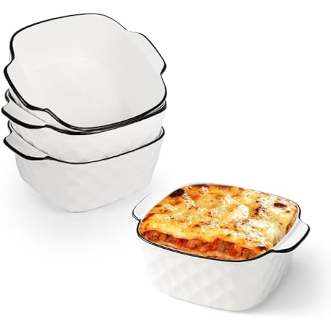 ريحني أطباق خبز مربعة خزفية بمقابض طبق لازانيا 4 قطع لمقلاة هوائية، صينية فرن بحجم 400 مل مناسبة لسلطات الفطائر، اللازانيا، المعكرونة والطهي وغيرها من الأطباق بوزن 13 أونصة - Image 1