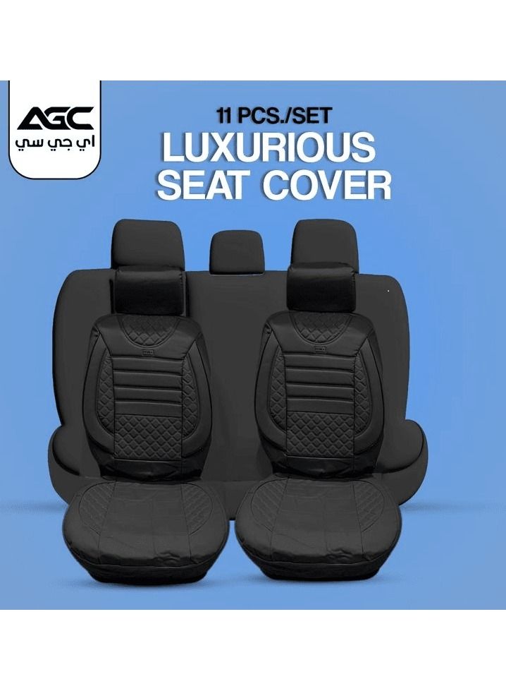 Agc Universal Seat Cover Cushion For 5 Seater Car Front/Back Seat and Head Rest, High Quality Rexine Premium Version -11 Pcs Set (Black With Stripes) - Image 1