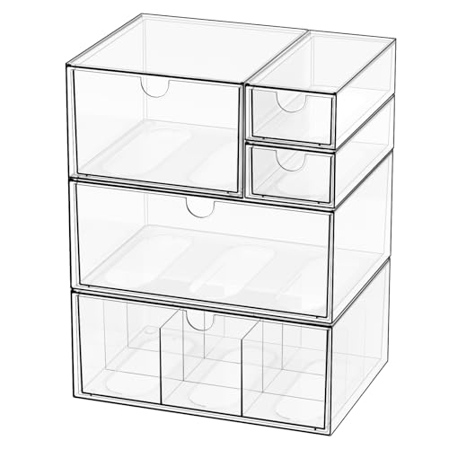 Yashong Desk Organizer Set, Clear Stackable Dustproof Storage Boxes for Desktop, Office, DIY Craft & Vertical Space Saving, Perfect for Makeup, Stationery, Jewelry Organization (5 Drawer) - Image 1