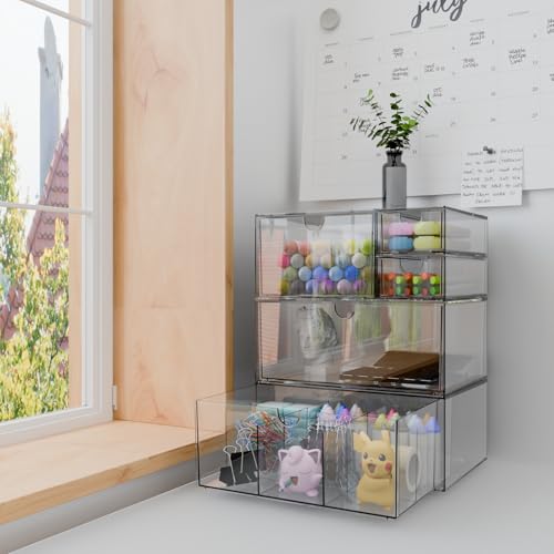 Yashong Desk Organizer Set, Clear Stackable Dustproof Storage Boxes for Desktop, Office, DIY Craft & Vertical Space Saving, Perfect for Makeup, Stationery, Jewelry Organization (5 Drawer) - Image 2