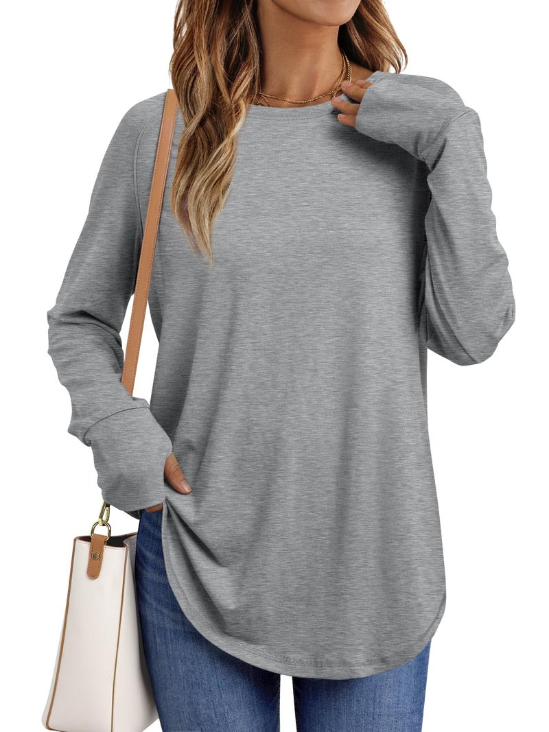 AUTOMET Womens Long Sleeve Shirts Crew Neck Casual Tshirts Fall Fashion Tops Loose Fit Lightweight Y2k Outfits Clothes Grey XL - Image 1