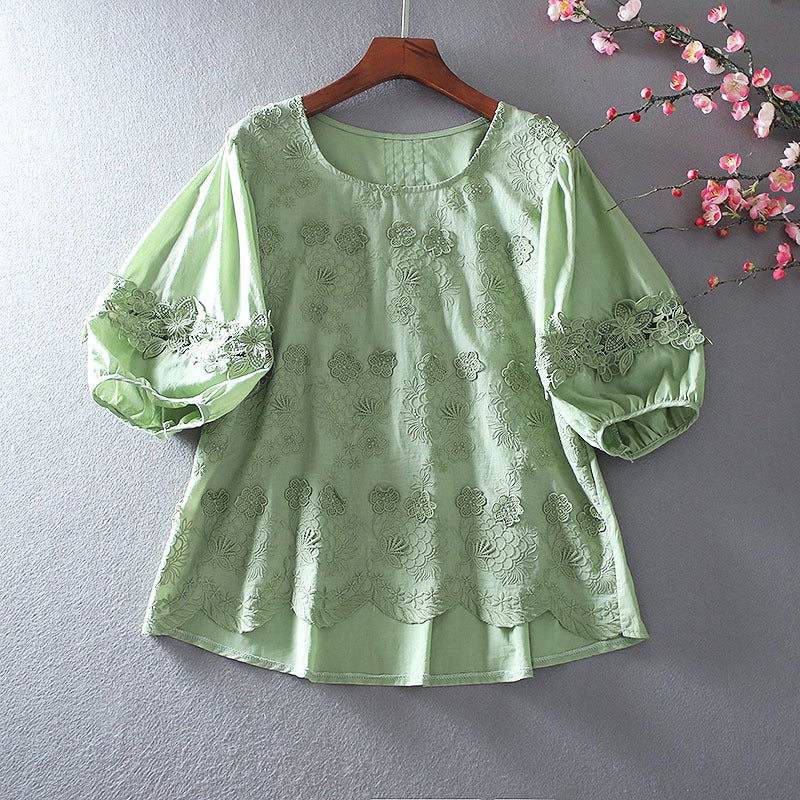 Summer Retro embroidery Mori womens loose lantern sleeve artistic slimming elegant shirt doll shirt top agent Green - Image 1