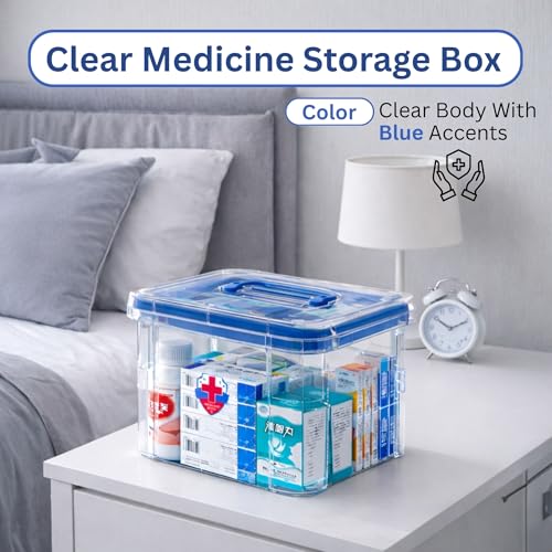 HoopVool® Clear Plastic Medicine Storage Box Organizer, Family Emergency Kit with Removable Pill Case Portable Lockable Container for, Art Craft and Cosmetic Household Organizer (Blue, Small) - Image 3