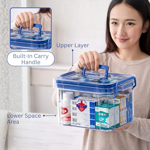 HoopVool® Clear Plastic Medicine Storage Box Organizer, Family Emergency Kit with Removable Pill Case Portable Lockable Container for, Art Craft and Cosmetic Household Organizer (Blue, Small) - Image 5
