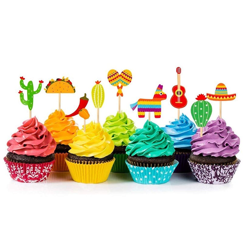 BCHOCKS 36 Pcs Fiesta Cupcake Topper Mexican Theme Cake Decoration for Mexican Themed Cactus Donkey Taco Pepper Sombrero Mustache Party Decorations - Image 2