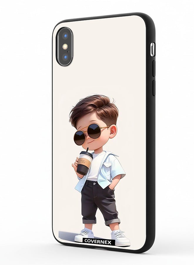 Covernex Apple iPhone Xs Max Protective Case Cover Printed Featuring Cool Kid with Sunglasses and Coffee - Image 1