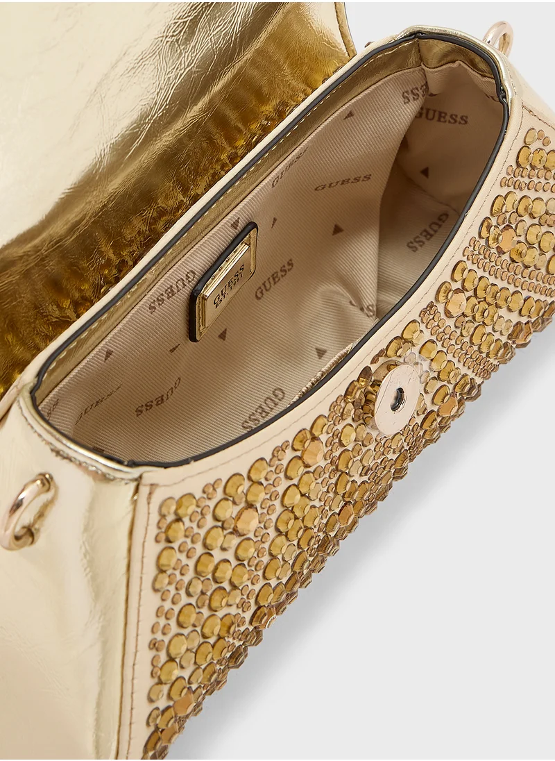 GUESS Embellished Beauvoir Top Handle Flap Over Clutches