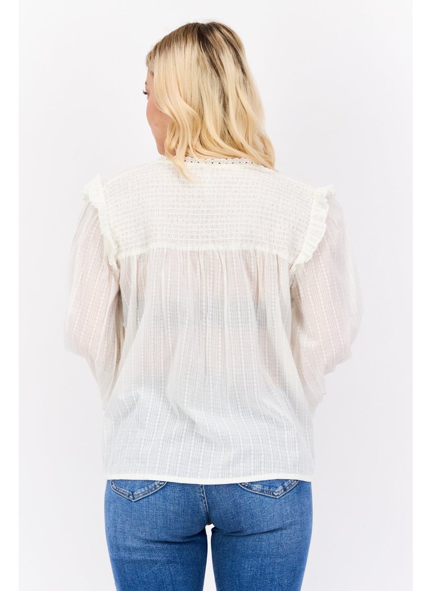 Pepe Jeans Women V-Neck Long Sleeves Textured Top, Off White  - Image 3