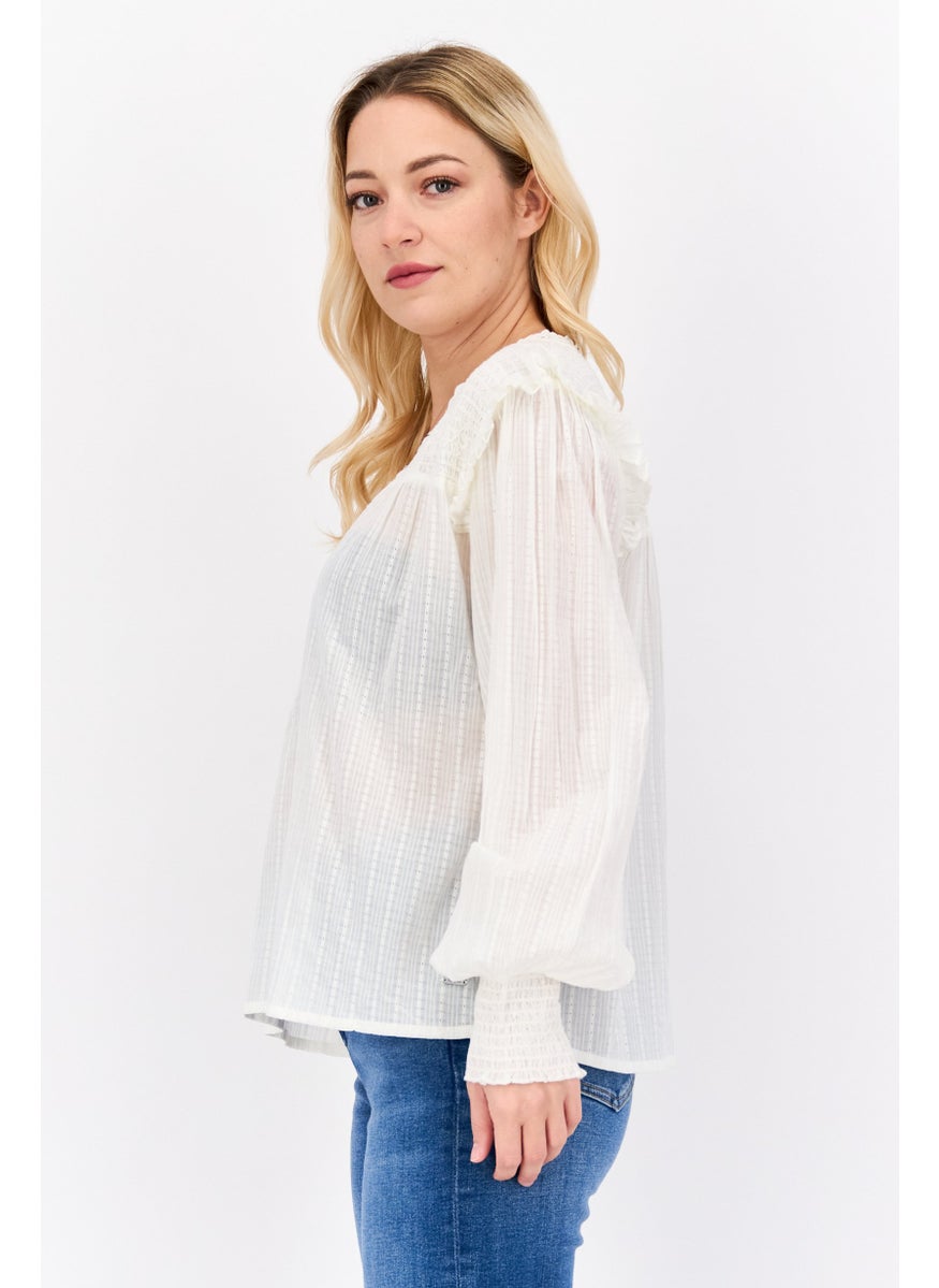 Pepe Jeans Women V-Neck Long Sleeves Textured Top, Off White  - Image 2