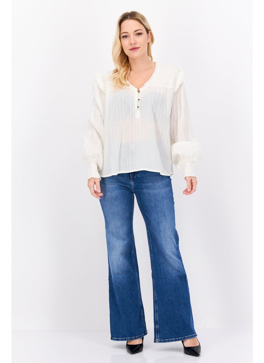 Pepe Jeans Women V-Neck Long Sleeves Textured Top, Off White  - Image 4