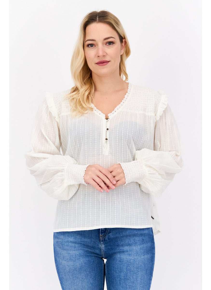 Pepe Jeans Women V-Neck Long Sleeves Textured Top, Off White  - Image 1
