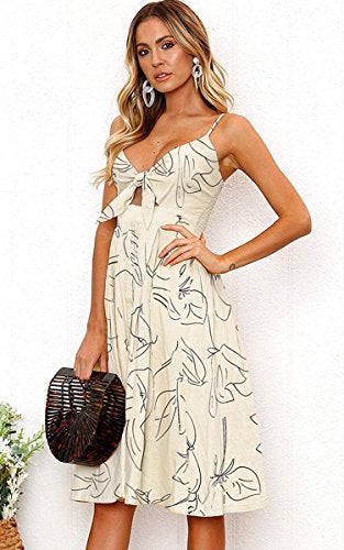 ECOWISH Women 2024 Summer Dresses Tie Front V-Neck Spaghetti Strap Button Down A-Line Backless Swing Midi Dress 809 Beige S - Image 3