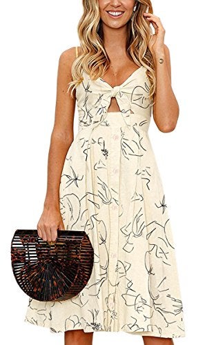 ECOWISH Women 2024 Summer Dresses Tie Front V-Neck Spaghetti Strap Button Down A-Line Backless Swing Midi Dress 809 Beige S - Image 1