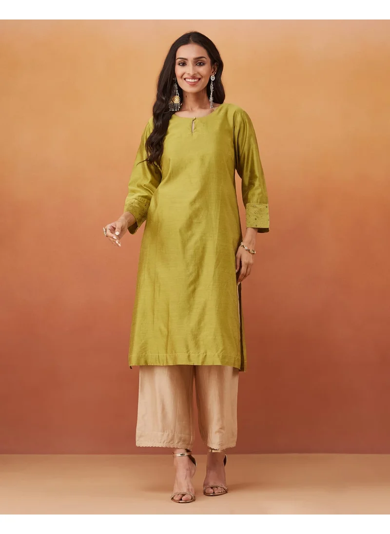 Fabindia Green Cotton Silk Embroidered Knee Length Kurta