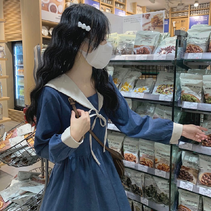 [Corduroy] artistic style milk sweet skirt gentle style first love dress autumn and winter navy collar Tea break French jumpsuit Blue