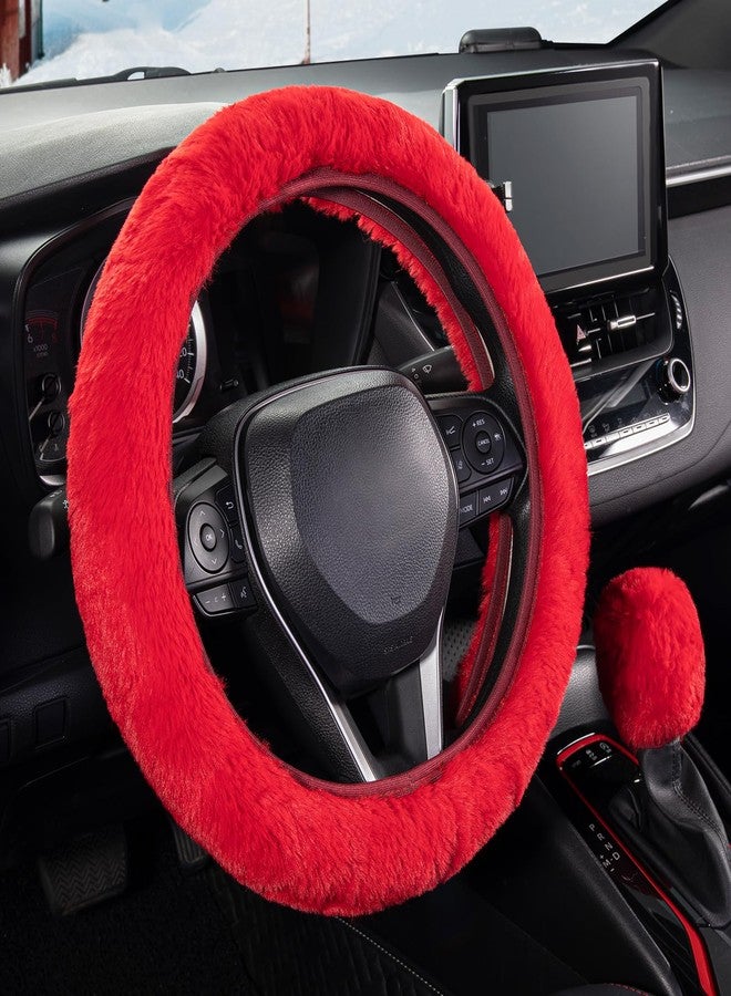 SEG Direct Furry Car Steering Wheel Cover with Fluffy Gear Shift Cover Soft Warm Non-Slip Car Decoration for Women Girls 2 PCS Set, Red - Image 1